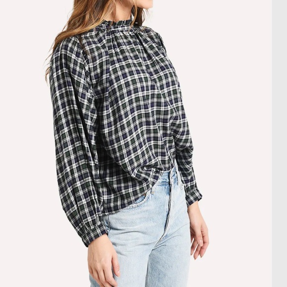 Trovata Plaid Balloon Sleeve High Neck Ruffle Collar Top - Picture 6 of 12